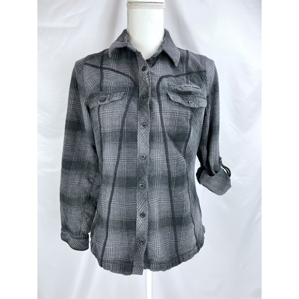 Columbia Women MEDIUM Long Sleeve Roll Tab Button Up Shirt Black Cotton